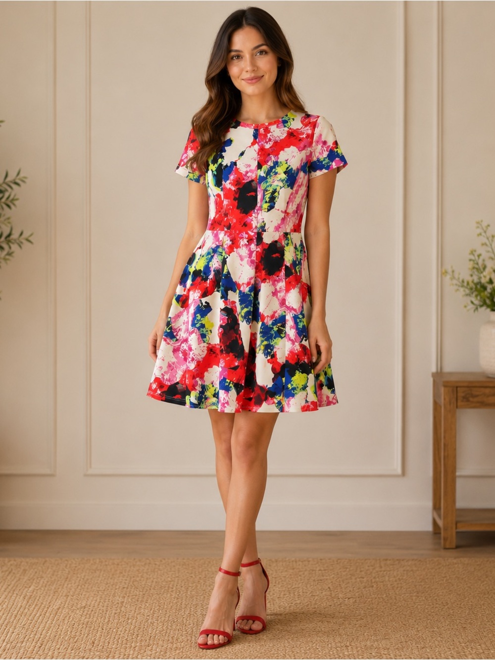 Milly Multicolor Paint-Splash Fit & Flare Dress - Red, Blue, Green, Black